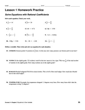 Check your solution. . Lesson 1 homework practice solve equations with rational coefficients answers